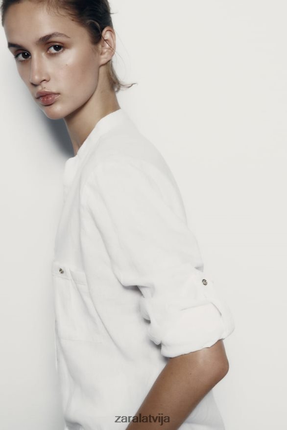 lina maisījuma tab piedurkņu krekls sievietes Zara balts 6ZTV40374 apģērbs