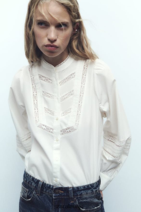 mežģīņu ieliktnis poplīna krekls sievietes Zara ekru 6ZTV40405 apģērbs