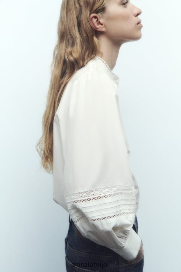 mežģīņu ieliktnis poplīna krekls sievietes Zara ekru 6ZTV40405 apģērbs