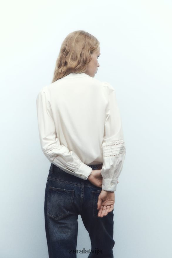 mežģīņu ieliktnis poplīna krekls sievietes Zara ekru 6ZTV40405 apģērbs