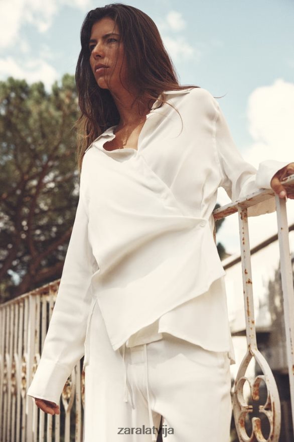 minimālistisks satīna efekta ietīšanas krekls sievietes Zara ekru 6ZTV40411 apģērbs