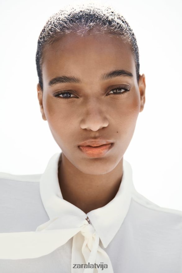 pērļu pogas bantītes apkakles krekls sievietes Zara ekru 6ZTV40381 apģērbs