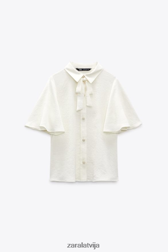 pērļu pogas bantītes apkakles krekls sievietes Zara ekru 6ZTV40381 apģērbs