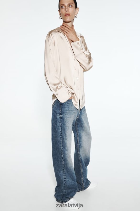 plūstošs satīna efekta krekls sievietes Zara mīksts zelts 6ZTV40312 apģērbs