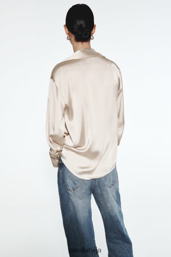 plūstošs satīna efekta krekls sievietes Zara mīksts zelts 6ZTV40312 apģērbs