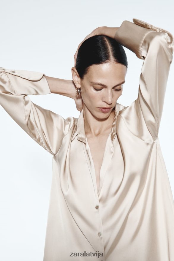 plūstošs satīna efekta krekls sievietes Zara mīksts zelts 6ZTV40312 apģērbs