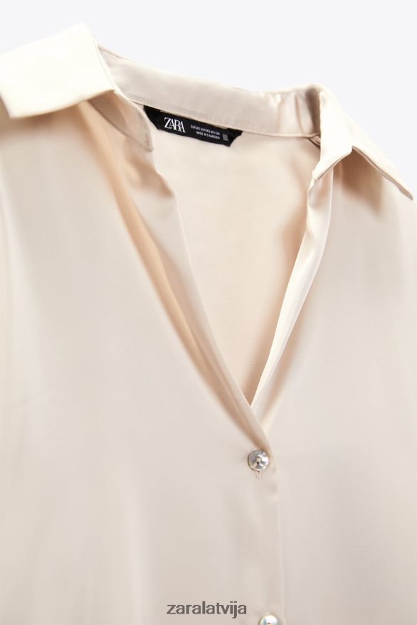 plūstošs satīna efekta krekls sievietes Zara mīksts zelts 6ZTV40312 apģērbs