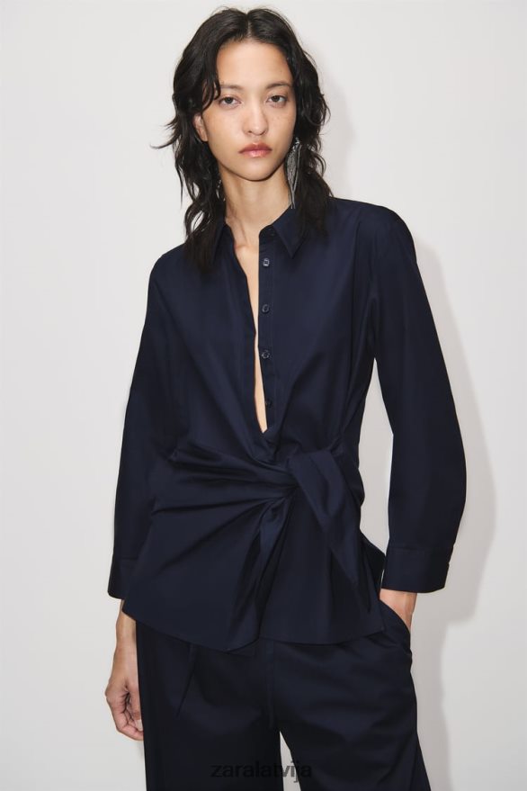 poplīna ietīšanas krekls sievietes Zara jūras zils 6ZTV40327 apģērbs