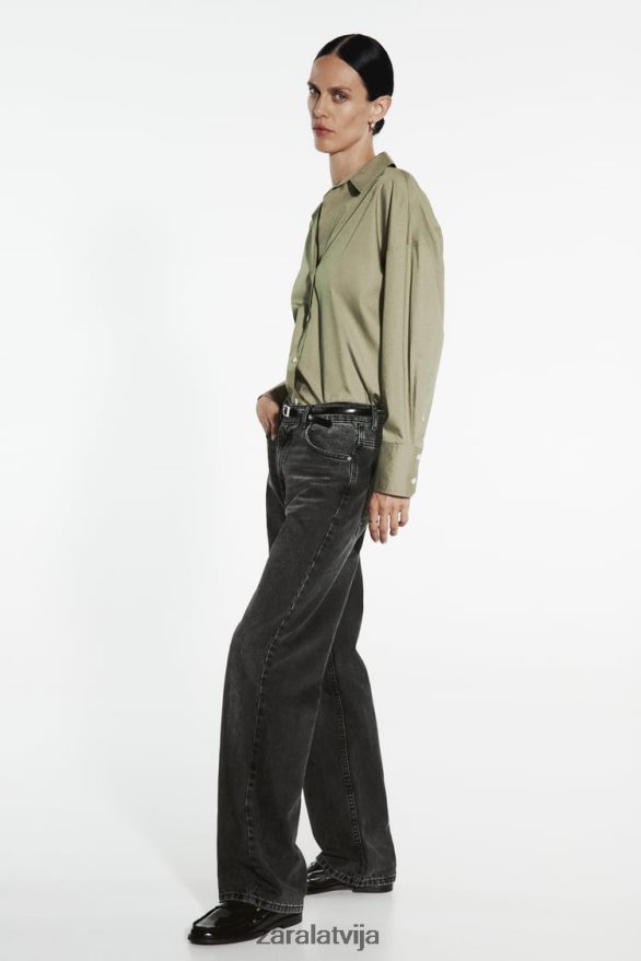 poplīna krekls sievietes Zara gaišs haki 6ZTV40297 apģērbs