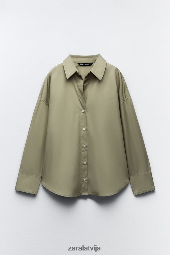 poplīna krekls sievietes Zara gaišs haki 6ZTV40297 apģērbs