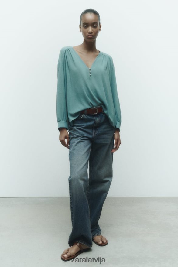 pulcējās plūstoša liela izmēra blūze sievietes Zara zils metāls 6ZTV40454 apģērbs