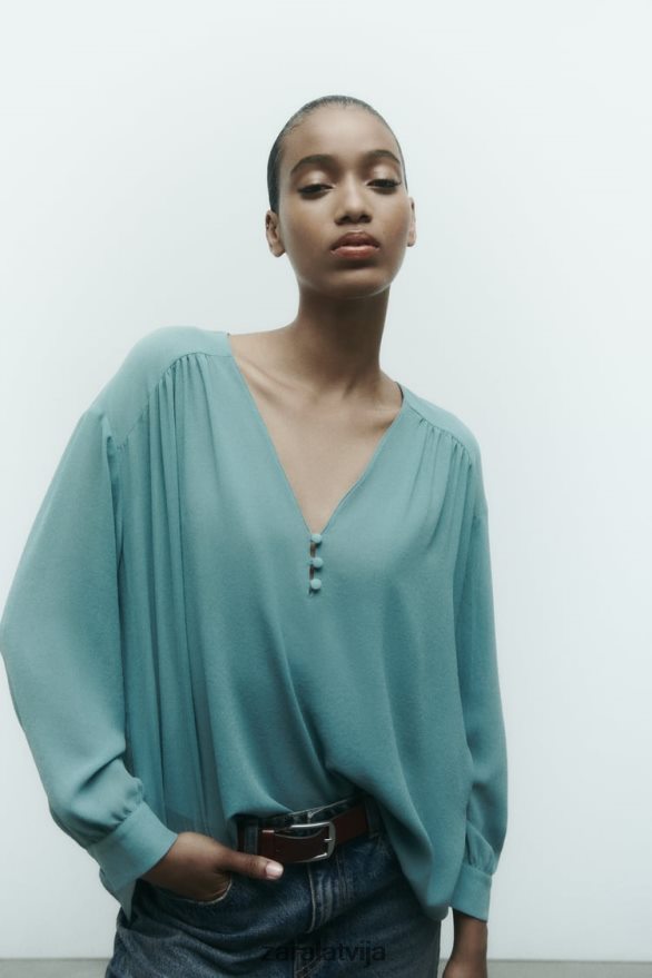 pulcējās plūstoša liela izmēra blūze sievietes Zara zils metāls 6ZTV40454 apģērbs