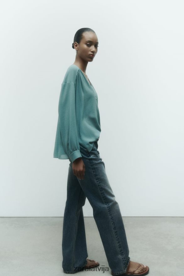 pulcējās plūstoša liela izmēra blūze sievietes Zara zils metāls 6ZTV40454 apģērbs