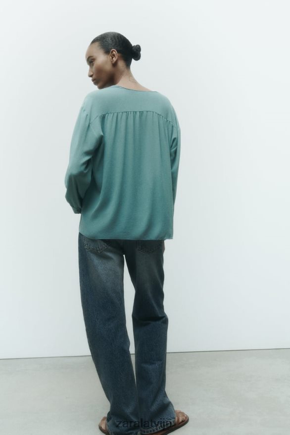 pulcējās plūstoša liela izmēra blūze sievietes Zara zils metāls 6ZTV40454 apģērbs