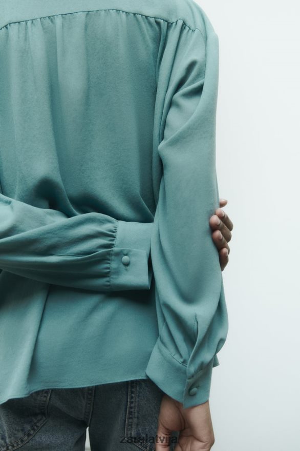 pulcējās plūstoša liela izmēra blūze sievietes Zara zils metāls 6ZTV40454 apģērbs