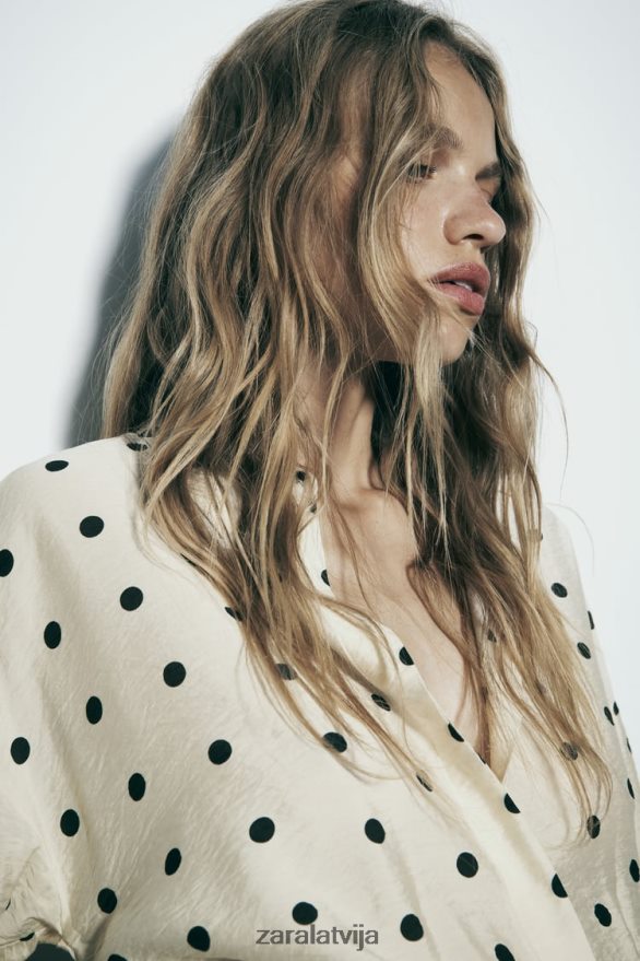 punktveida krekls sievietes Zara ekrū/melns 6ZTV40295 apģērbs