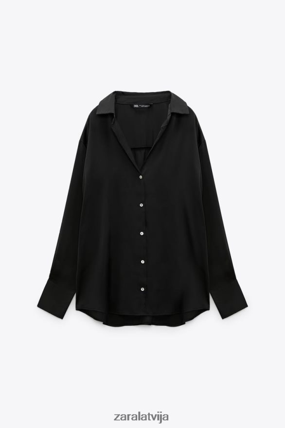 satīna efekta krekls sievietes Zara melns 6ZTV40314 apģērbs