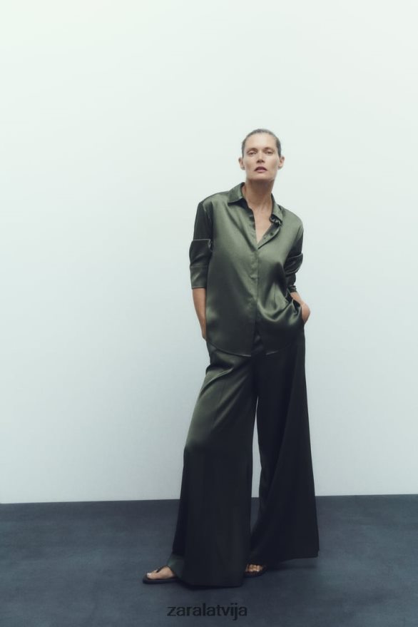 satīna efekta krekls sievietes Zara tumši zaļa 6ZTV40334 apģērbs