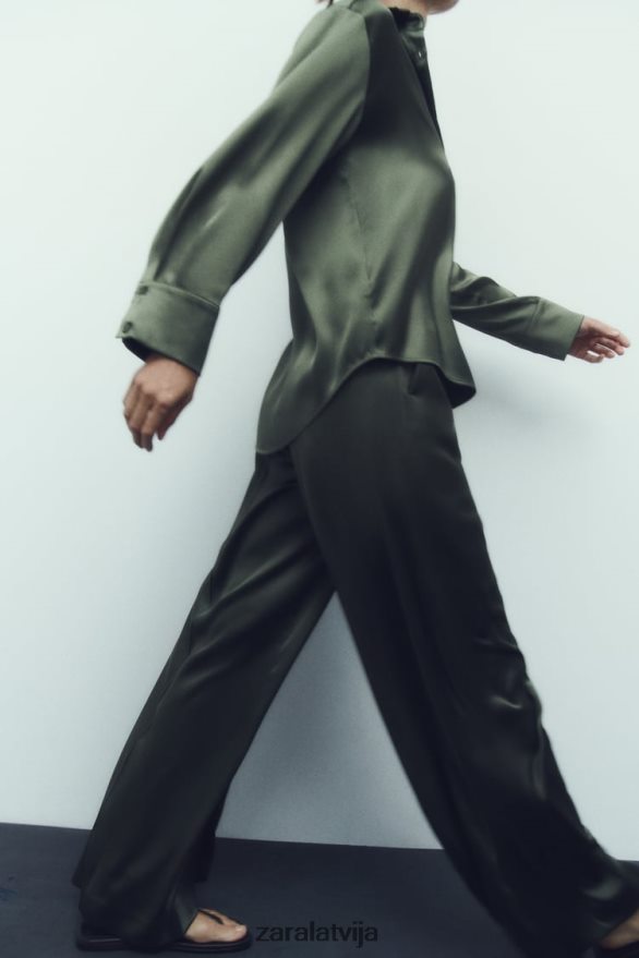 satīna efekta krekls sievietes Zara tumši zaļa 6ZTV40334 apģērbs