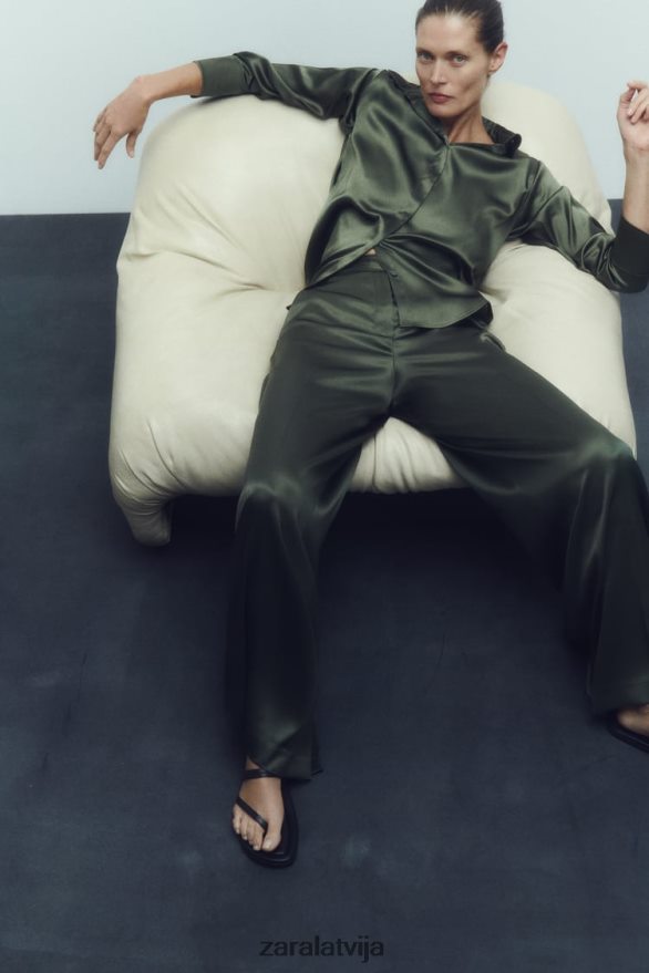 satīna efekta krekls sievietes Zara tumši zaļa 6ZTV40334 apģērbs