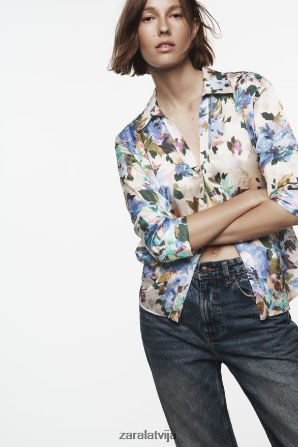 satīna krekls ar ziedu apdruku sievietes Zara ekru/zaļš 6ZTV40372 apģērbs