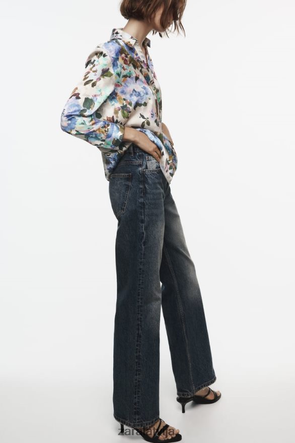 satīna krekls ar ziedu apdruku sievietes Zara ekru/zaļš 6ZTV40372 apģērbs