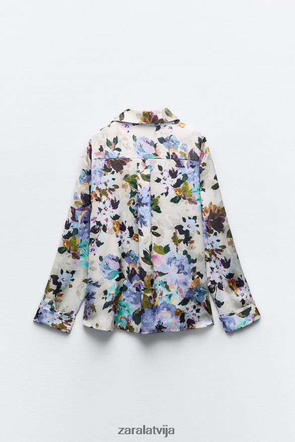 satīna krekls ar ziedu apdruku sievietes Zara ekru/zaļš 6ZTV40372 apģērbs