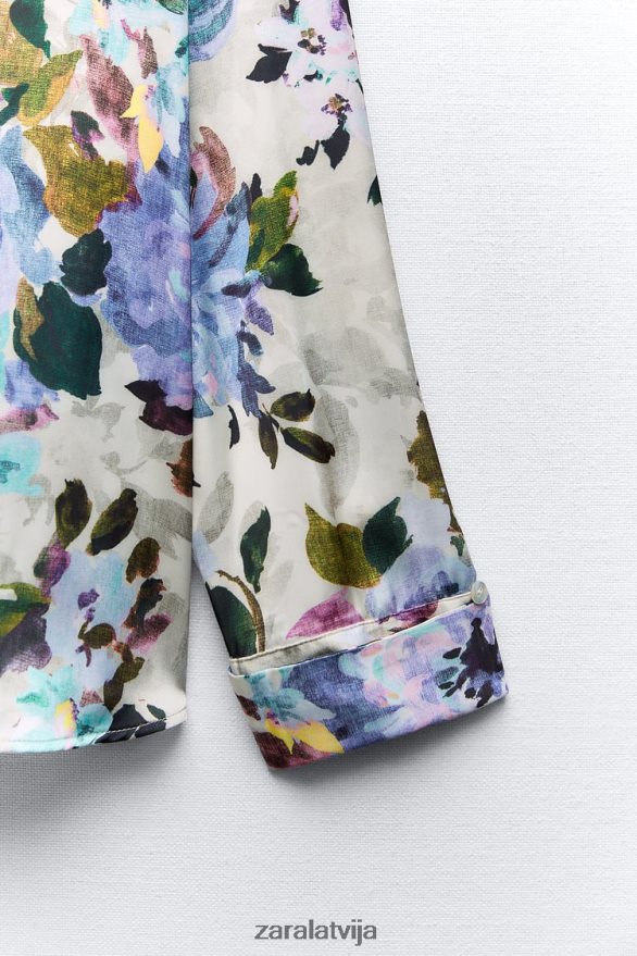 satīna krekls ar ziedu apdruku sievietes Zara ekru/zaļš 6ZTV40372 apģērbs