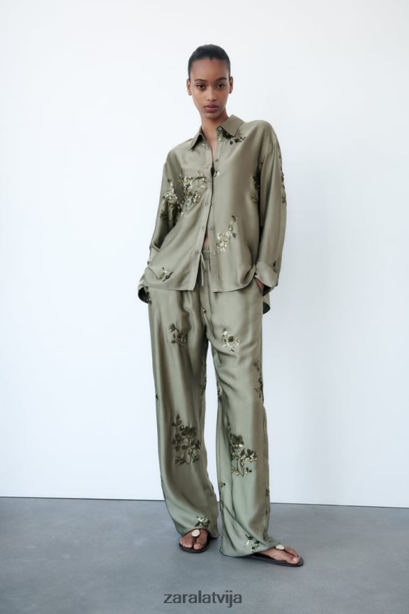 sequin satīna efekta krekls sievietes Zara salvijas zaļš 6ZTV40317 apģērbs