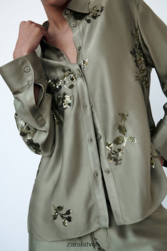 sequin satīna efekta krekls sievietes Zara salvijas zaļš 6ZTV40317 apģērbs