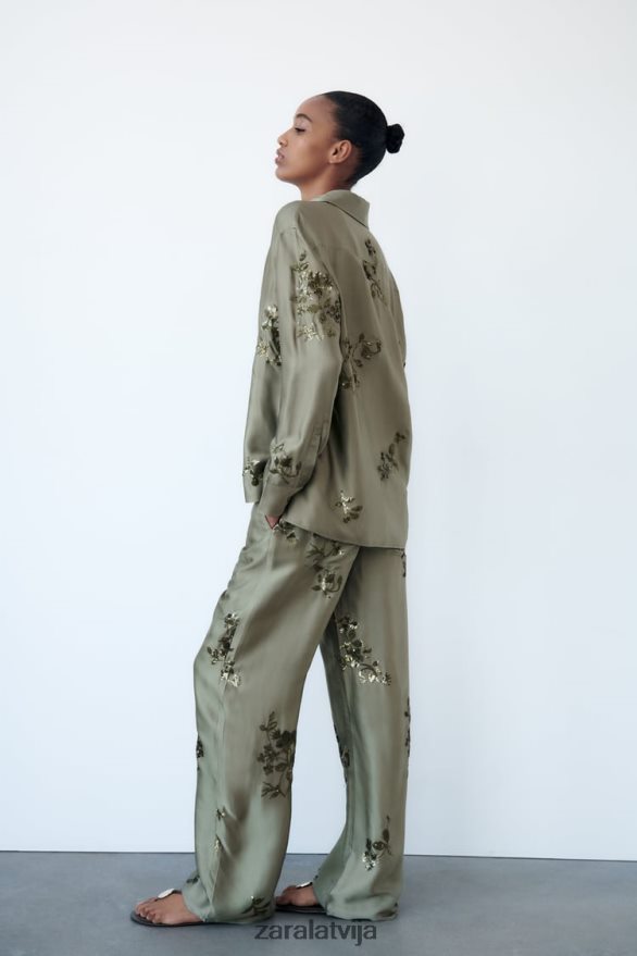 sequin satīna efekta krekls sievietes Zara salvijas zaļš 6ZTV40317 apģērbs