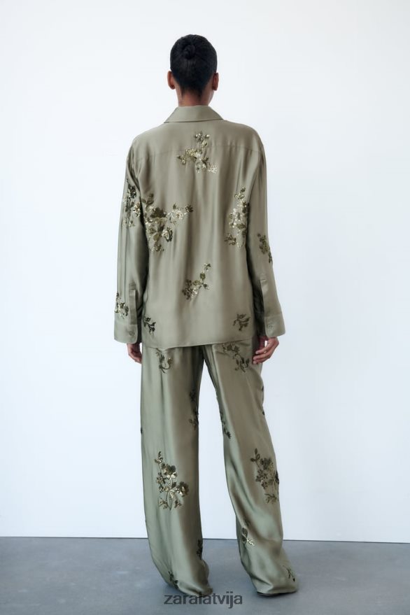 sequin satīna efekta krekls sievietes Zara salvijas zaļš 6ZTV40317 apģērbs