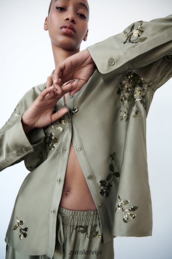 sequin satīna efekta krekls sievietes Zara salvijas zaļš 6ZTV40317 apģērbs