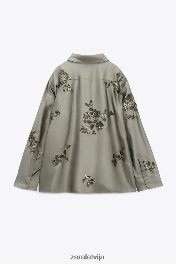 sequin satīna efekta krekls sievietes Zara salvijas zaļš 6ZTV40317 apģērbs