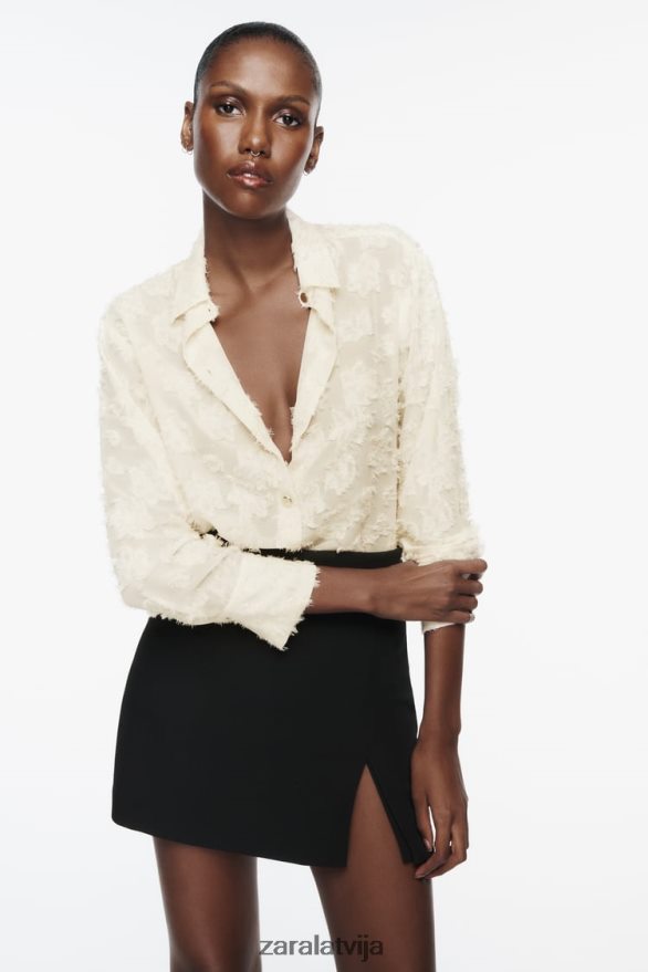 strukturēts ziedu krekls sievietes Zara ekru 6ZTV40308 apģērbs