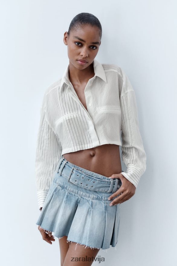 svītrains apgriezts krekls sievietes Zara melns balts 6ZTV40440 apģērbs