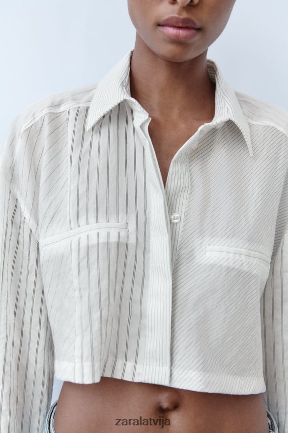 svītrains apgriezts krekls sievietes Zara melns balts 6ZTV40440 apģērbs