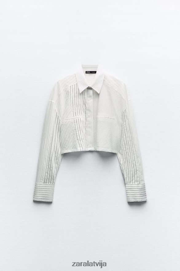 svītrains apgriezts krekls sievietes Zara melns balts 6ZTV40440 apģērbs