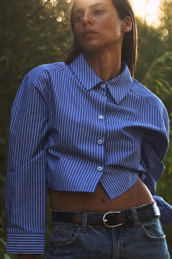 svītrains apgriezts krekls sievietes Zara zils/balts 6ZTV40288 apģērbs