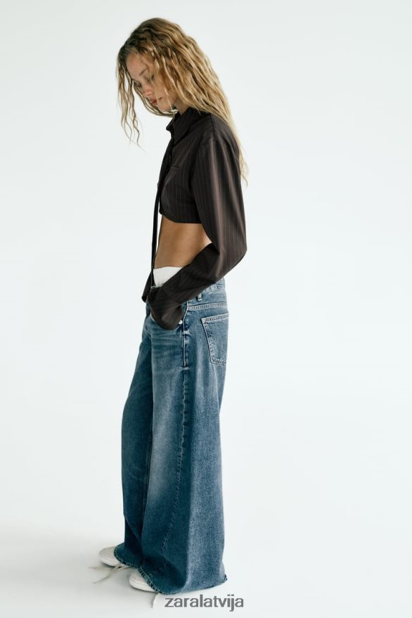 svītrains crop krekls ar kaklasaiti sievietes Zara brūns/zils 6ZTV40422 apģērbs