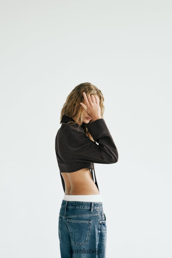 svītrains crop krekls ar kaklasaiti sievietes Zara brūns/zils 6ZTV40422 apģērbs