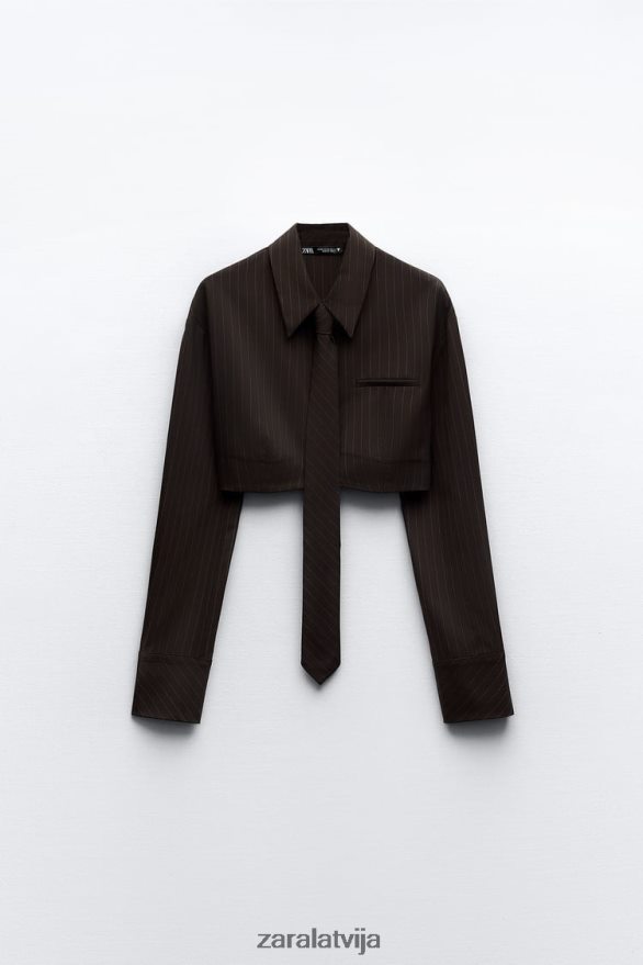 svītrains crop krekls ar kaklasaiti sievietes Zara brūns/zils 6ZTV40422 apģērbs