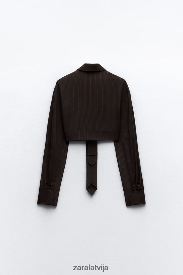 svītrains crop krekls ar kaklasaiti sievietes Zara brūns/zils 6ZTV40422 apģērbs