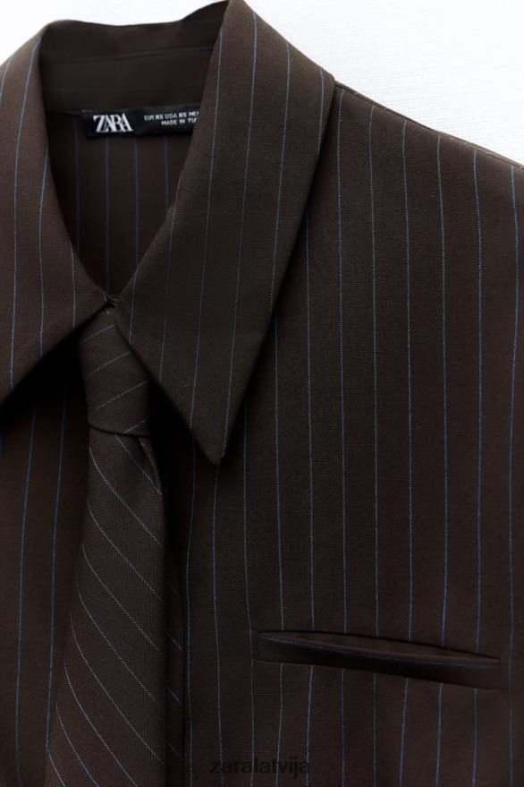 svītrains crop krekls ar kaklasaiti sievietes Zara brūns/zils 6ZTV40422 apģērbs