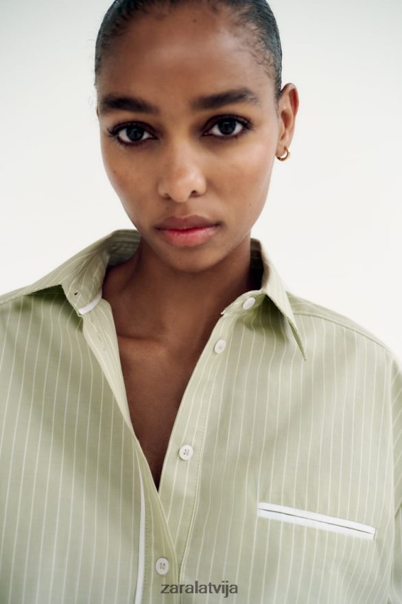 svītrains crop poplīna krekls sievietes Zara gaiši zaļš 6ZTV40439 apģērbs