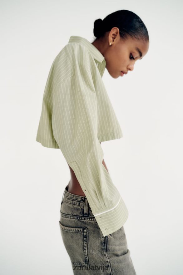 svītrains crop poplīna krekls sievietes Zara gaiši zaļš 6ZTV40439 apģērbs