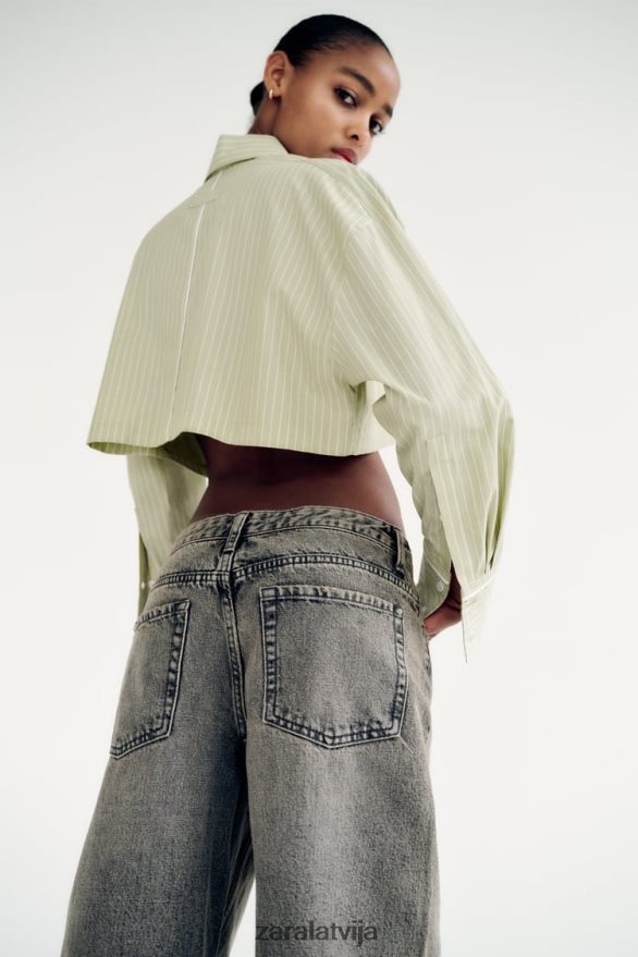 svītrains crop poplīna krekls sievietes Zara gaiši zaļš 6ZTV40439 apģērbs