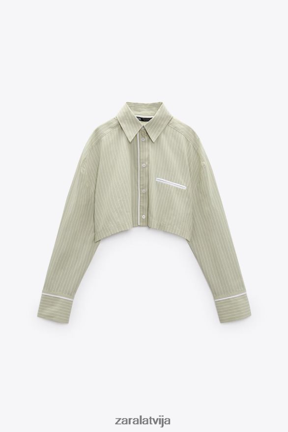 svītrains crop poplīna krekls sievietes Zara gaiši zaļš 6ZTV40439 apģērbs