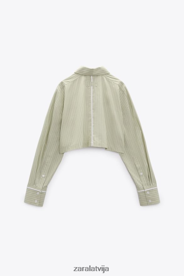 svītrains crop poplīna krekls sievietes Zara gaiši zaļš 6ZTV40439 apģērbs