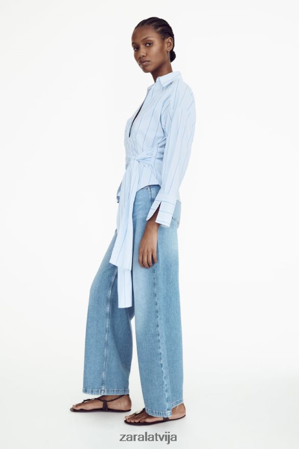 svītrains krekls ar kaklasaiti sievietes Zara zils/balts 6ZTV40416 apģērbs